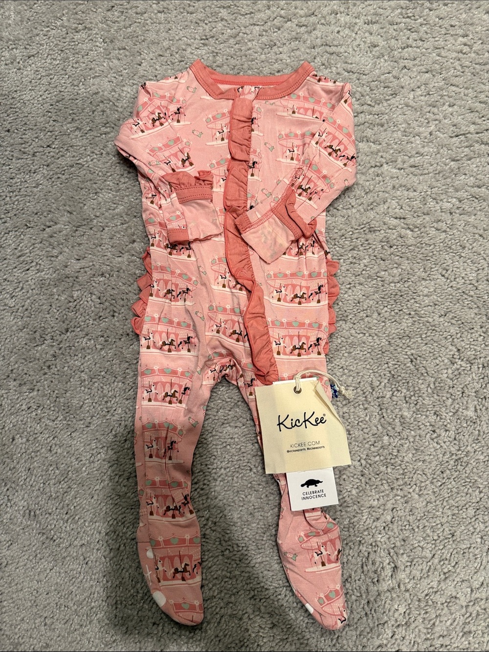NWT- KicKee Pants Pink Ruffled One-Piece Footed Pajamas Carousel Print- 0-3M